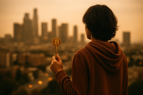 Young Person With a BTC Key Looking at Real Estate