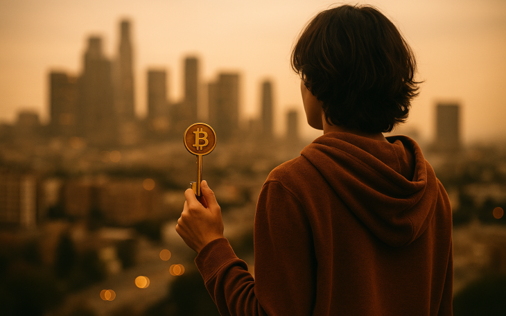 Young Person With a BTC Key Looking at Real Estate
