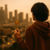 Young Person With a BTC Key Looking at Real Estate